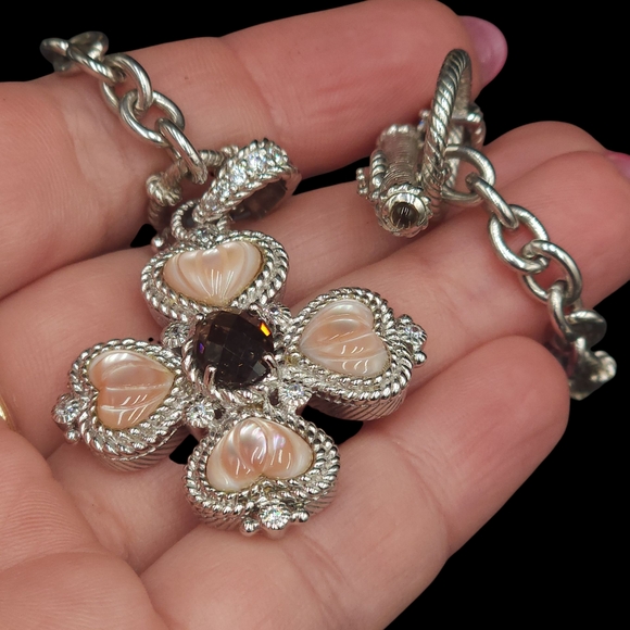 Judith Ripka 925 SS Pink Quartz Smokey Quartz CZ Maltese Cross Pendant/ Necklace - Picture 9 of 10